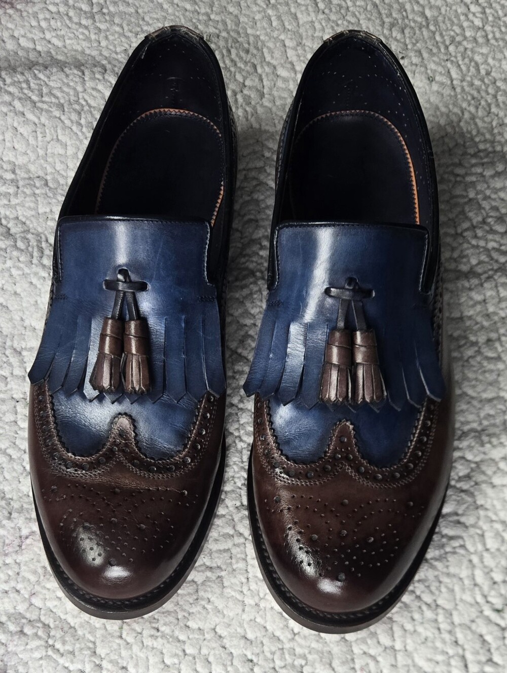 Santoni Brown and Navy Calf Leather Tassel Loafers.